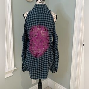 Ralph Lauren Plaid Long Sleeve |Shoulder CutOut |Button Down | Pink Crochet Back